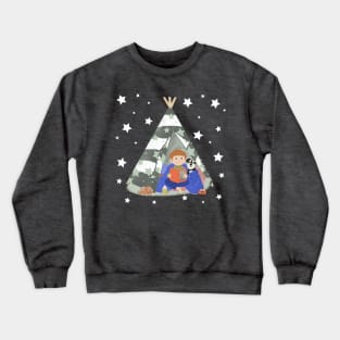 Little boy in a teepee den with story book and puppy surrounded by stars Crewneck Sweatshirt